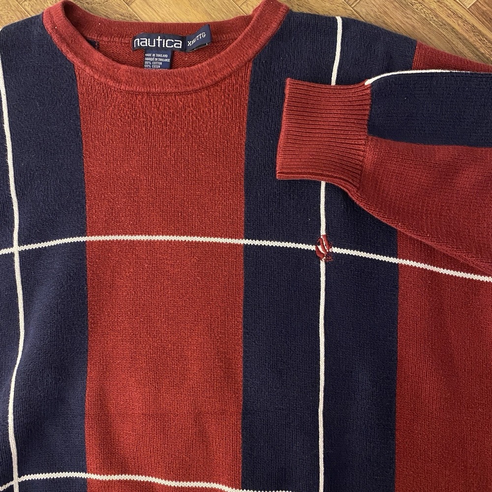Vintage Nautica‎ Colorblock Sweater Mens 2XL Knit Pullover Windowpane Blue Red